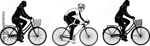 Detailed vector illustration of diverse cyclists riding bicycles in different styles and postures, showcasing urban commuting, sports cycling, and active lifestyle transportation concepts