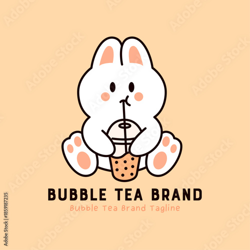 Cute bunny character sitting and sipping bubble tea through a straw. Relaxed boba drink mascot for beverage brand and cafe logo.
