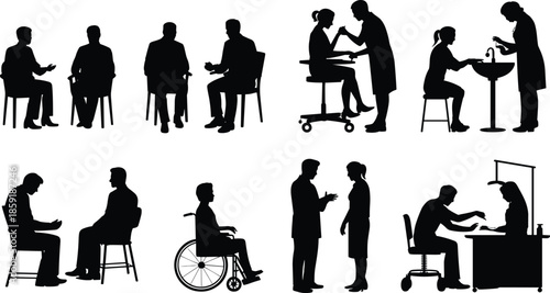 Medical consultation silhouette set showing doctor and patient interactions, healthcare treatment scenes, examinations, therapy, and clinical support concepts