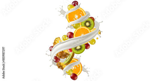 Fresh Burst of Flavor: A vibrant cascade of mixed fruits, including orange slices, kiwi, and grapes, intertwined with a creamy milk swirl.