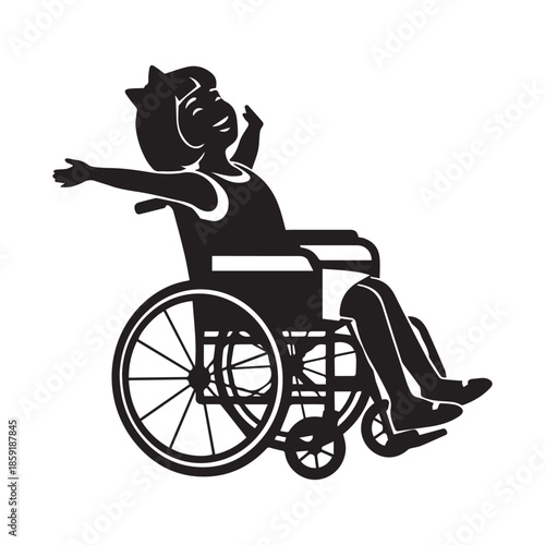 A silhouette of a woman with arms raised seated in a wheelchair