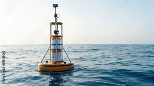 A buoy floats on calm ocean waters, equipped with instruments for monitoring environmental conditions and providing real-time data.