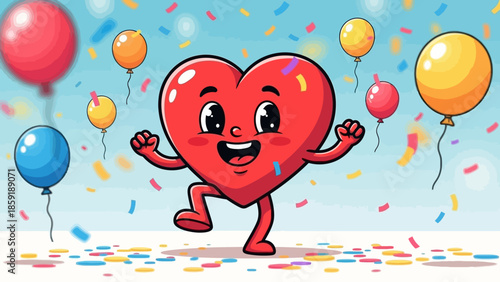 Happy heart character celebrating with colorful balloons and confetti
