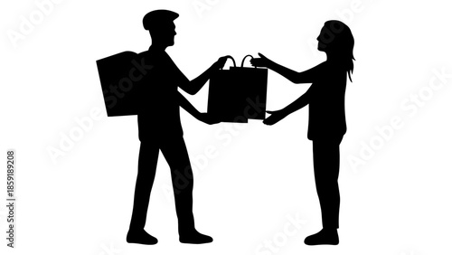 Delivery person hands shopping bag to customer with a smile, symbolizing service and convenience