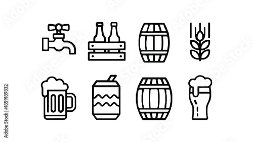 Collection of simple line art icons representing beer and brewing elements