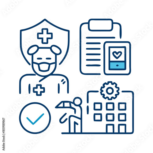 Vector icons medical care. Editable stroke. Hospital safety insurance doctor patient emergency healthcare costs. Stock line illustration on white background.

