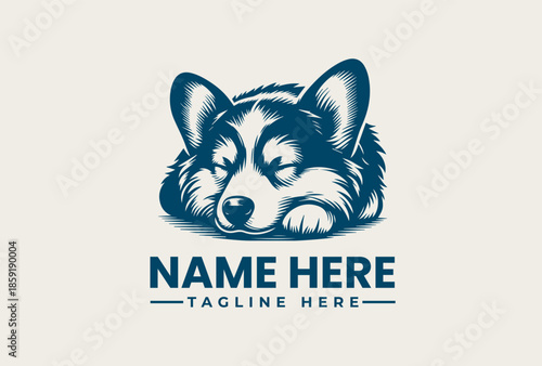A blue illustration of a sleeping dog's head with a logo template and placeholder text on a beige background.