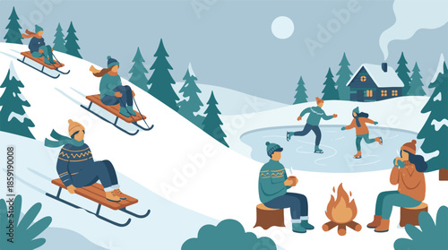 Winter wonderland scene with people sledding, ice skating, and relaxing by a campfire