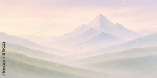 A breathtaking mountain landscape at dawn features a snowy peak rising above a misty forest valley under a glowing sunrise sky filled with clouds and morning fog