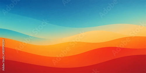 Abstract orange vector illustration of a desert landscape at sunset with mountain silhouettes under a glowing sky filled with clouds and warm sunlight at dawn