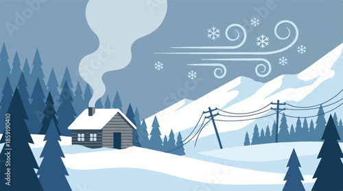 Winter cabin in snowy mountain forest with wind and falling snow illustration