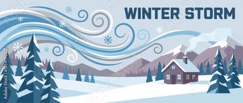 Winter storm landscape illustration with cabin, mountains, and snow