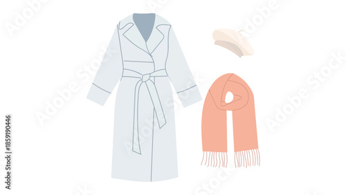 Chic pastel trench coat with matching scarf and beret, perfect for a stylish autumn ensemble.