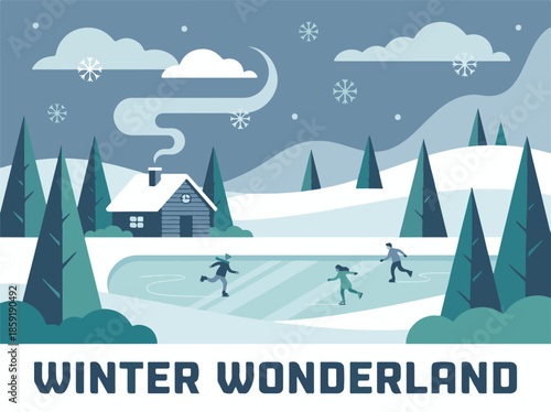 Winter wonderland scene with people ice skating on frozen lake near snowy cabin