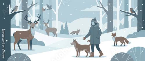 Winter forest landscape with deer, foxes, birds, and a person walking a dog
