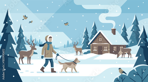 Winter flat design illustration with person walking dog, deer, and cozy cabin