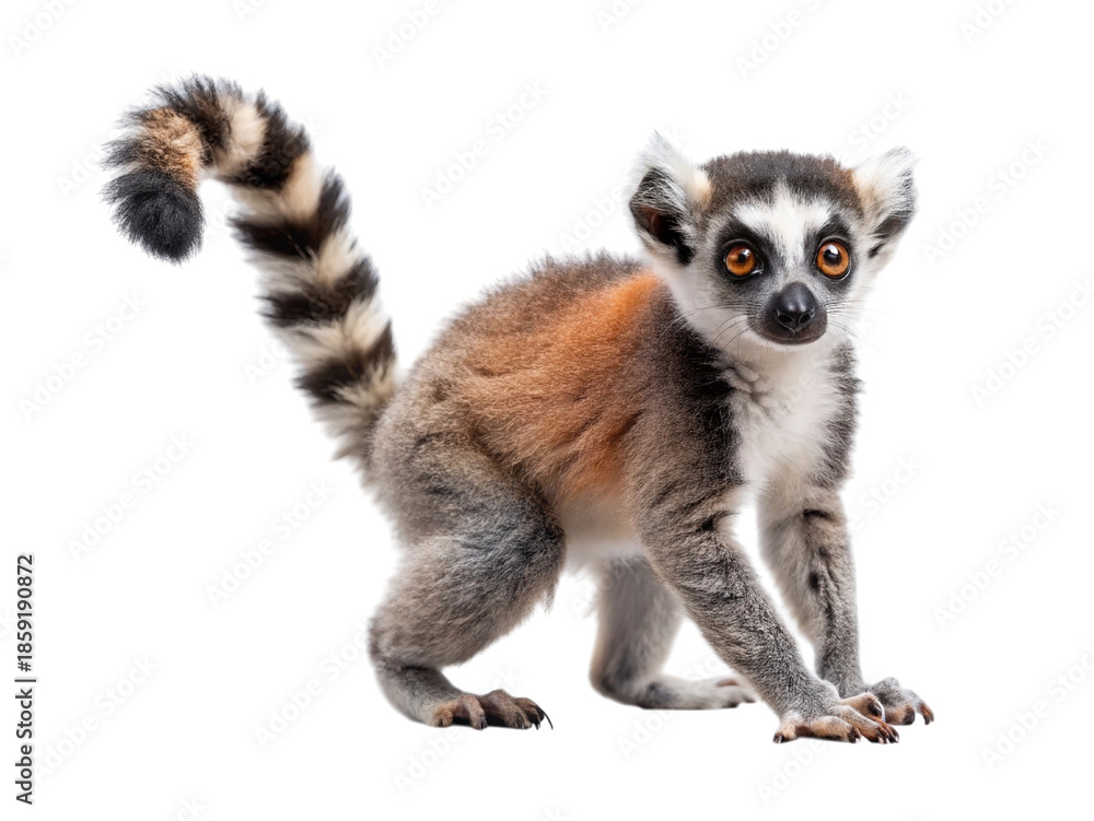 Fototapeta premium A captivating portrait of a ring-tailed lemur standing against a solid black background