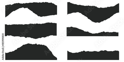 Collection of six different black torn paper edge design elements on white background