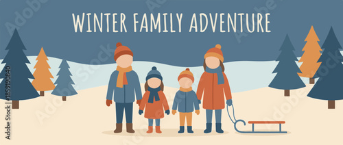 Family walking together in a serene snowy winter landscape at night