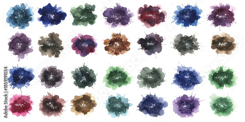 A collection of colorful watercolor splotches and paint splatters on a white background