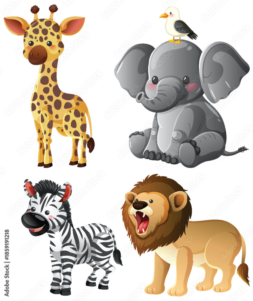 Obraz premium Cartoon African Animals Grouped on White Background