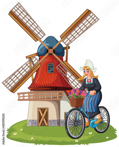 Dutch Woman Riding Bicycle Past Traditional Windmill