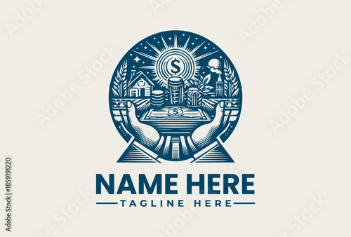 A blue and white logo illustration of a cityscape with hands holding a bowl, surrounded by a sunburst on a cream background, with a placeholder name and tagline.