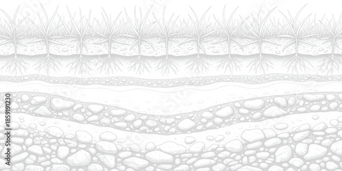 A detailed cross-section illustration showing soil, rock layers, and plant roots