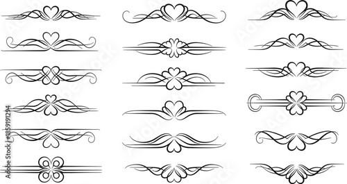 Elegant black and white vector dividers with ornate heart and swirl motifs are designed for classic text separation.