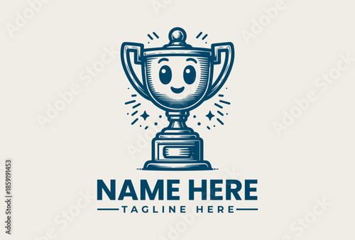 A blue line illustration of a smiling trophy icon with a customizable name and tagline on a beige background.