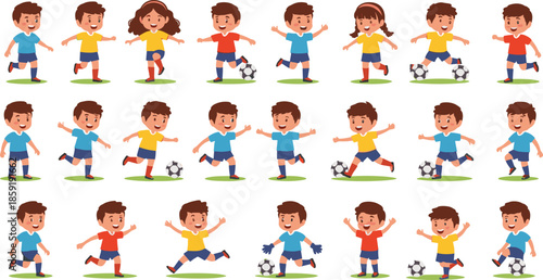 Cartoon children playing soccer in colorful uniforms with dynamic poses for sports design, education, and youth activity themes