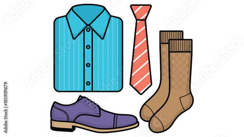 Classic men's smart casual outfit with blue shirt, tie, socks, and shoes