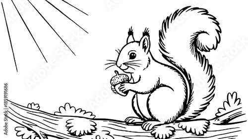 A charming illustration of a squirrel holding an acorn while perched on a tree branch under gentle sunlight.