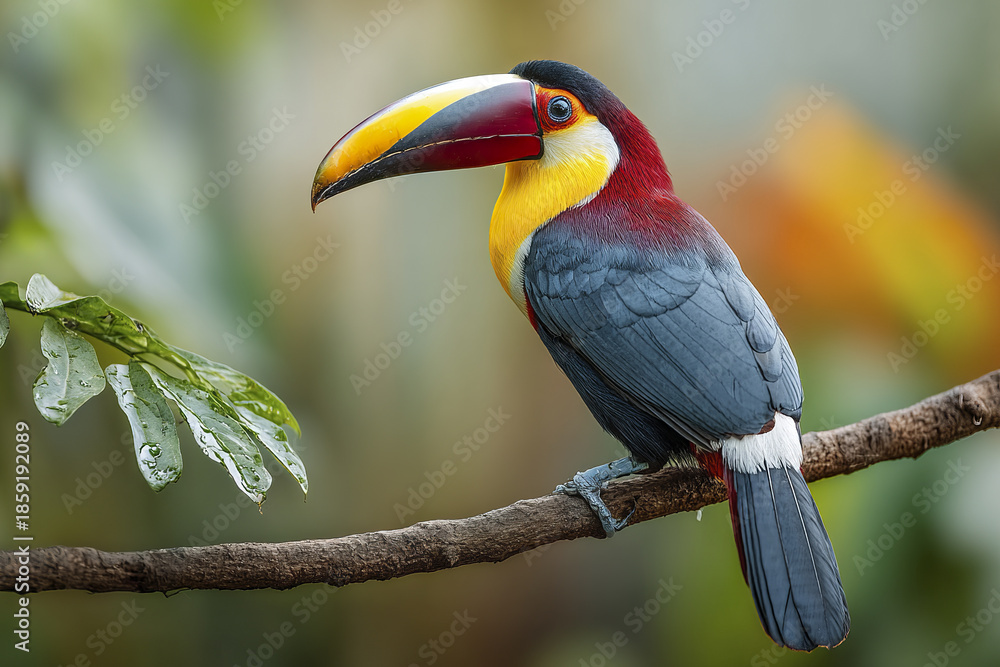 Fototapeta premium Exotic toucan perched on branch with vibrant yellow and red beak in tropical forest with green leaves and blurred background showing natural beauty and vivid colors