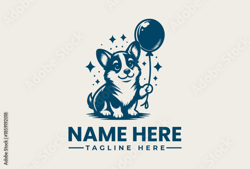 A blue vector illustration of a cute dog holding a balloon with stars, surrounded by a logo template on a clean white background.