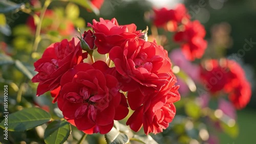 Wallpaper Mural Close-up of vibrant red roses blooming in a sunny garden setting with lush green foliage, showcasing natural beauty Torontodigital.ca