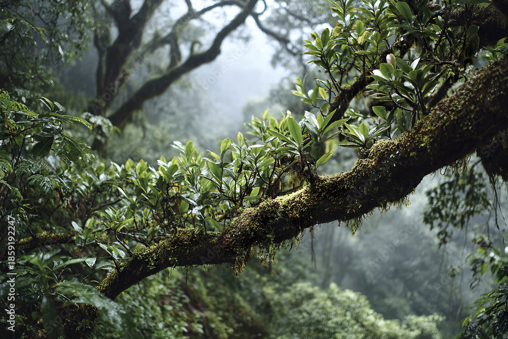 Fototapeta premium Moss covered tree branch with fresh green leaves in misty tropical rainforest, showcasing dense vegetation and serene natural atmosphere. Exotic jungle plants thrive in humid environment
