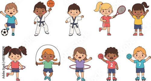 Cartoon children playing sports and exercising with cheerful expressions and colorful outfits for educational and activity-themed design