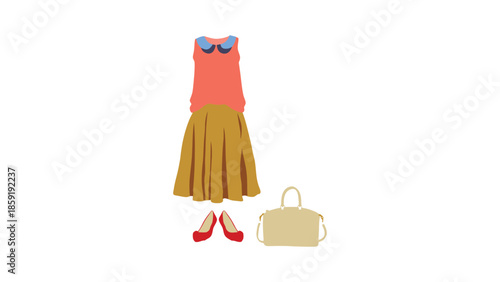 Chic coral sleeveless top and mustard yellow skirt outfit with red heels and a beige handbag