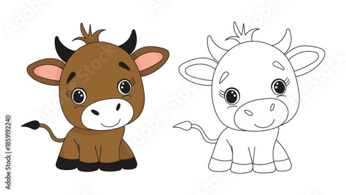 Adorable cartoon bull calf illustration, one colored and one outline for coloring fun