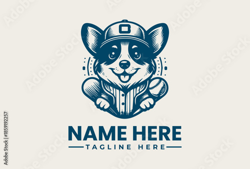 A blue illustration of a dog wearing a baseball cap and jersey with a name and tagline on a beige background, featuring a logo and vector icon design.