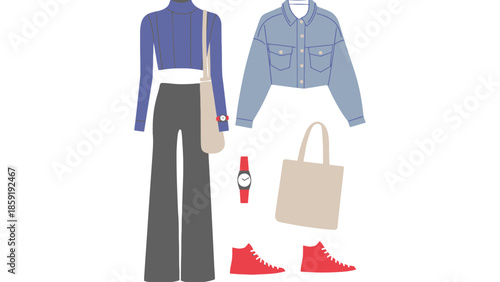 Stylish flat lay of casual women's fashion outfit with denim jacket, turtleneck top, flared pants, sneakers, and tote bag.