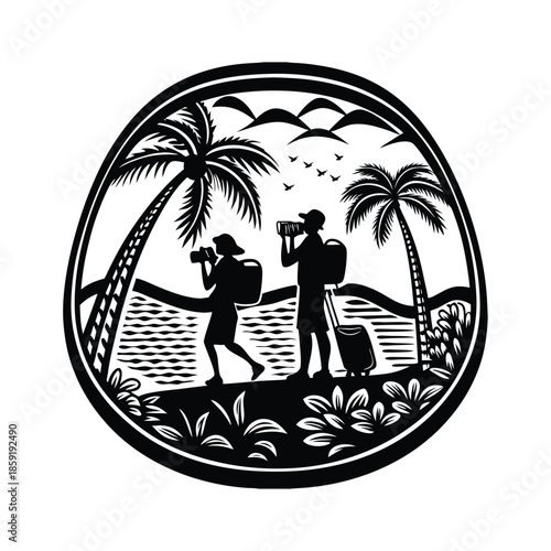 Couple Silhouettes with Cameras and Luggage on Tropical Beach vacation