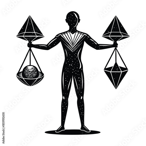 Silhouette of a person balancing geometric shapes and a sphere