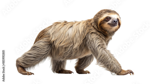 A three-toed sloth walks across a transparent background in a studio shot