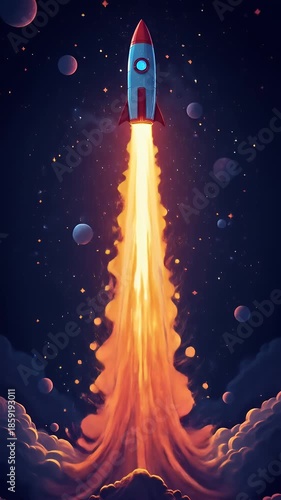 Animated Rocket Launching into Space with Fiery Trails and Starry Background Video