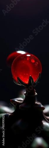 Crimson orb kisses emerald dew, light & shadow dance on metallic spine,  macro,  texture