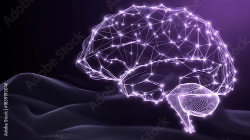 A glowing, stylized human brain rendered in purple lines and light against a dark background