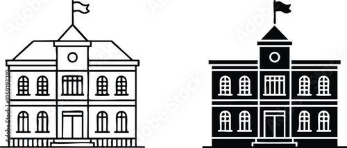 School or University Building Icons, Academic Institution Building Illustrations, Outline and Solid Silhouette of a Classic Schoolhouse, Education Architecture Icons with Flags, vector, illustration