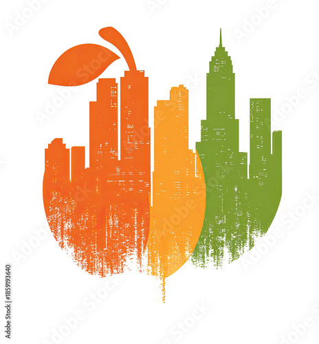 Colorful graphic of a fruit split into segments, each containing a silhouette of a city skyline